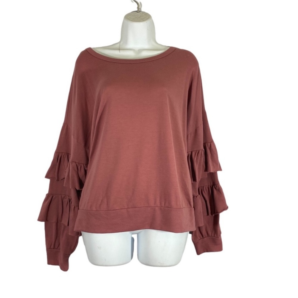 K Glam Plus Size 1X Sweater Pullover Pink Tiered Layered Ruffle Sleeve